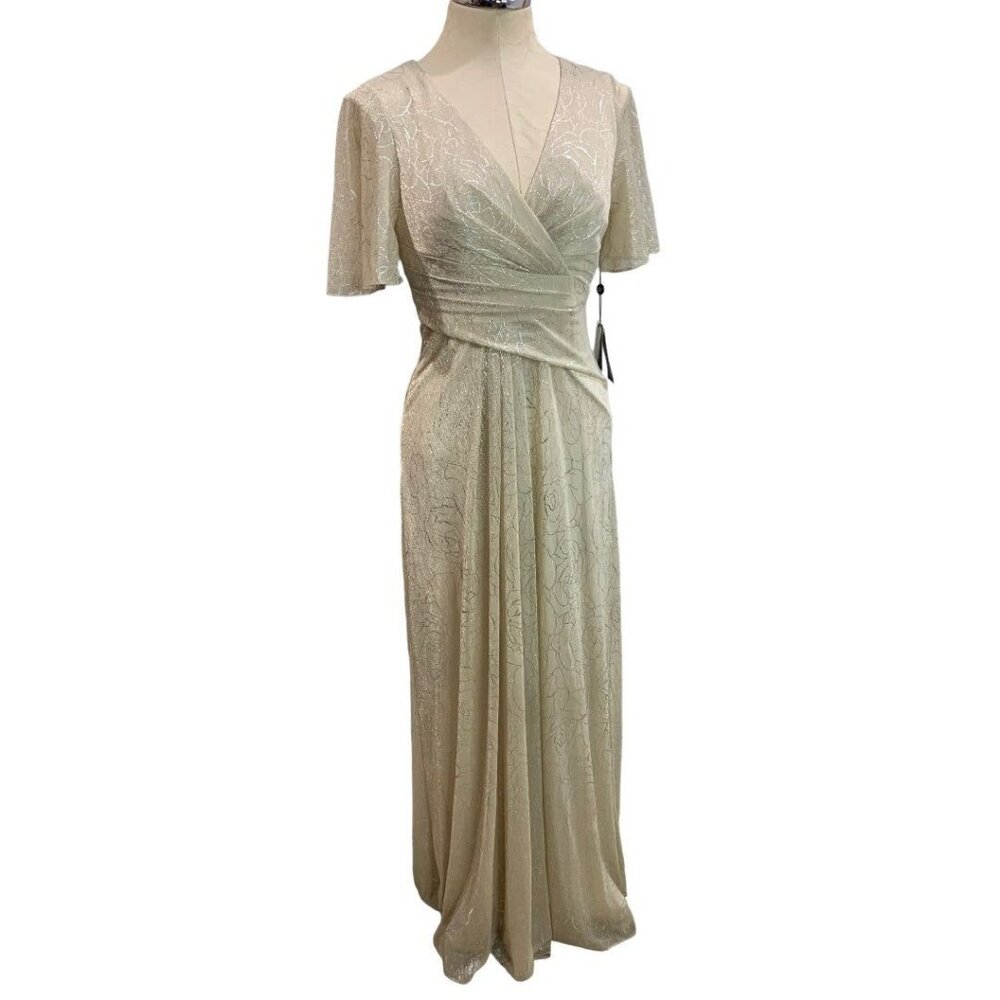 Size 2 Adrianna Papell Ablabaster Metallic Mesh Draped Gown‎ New